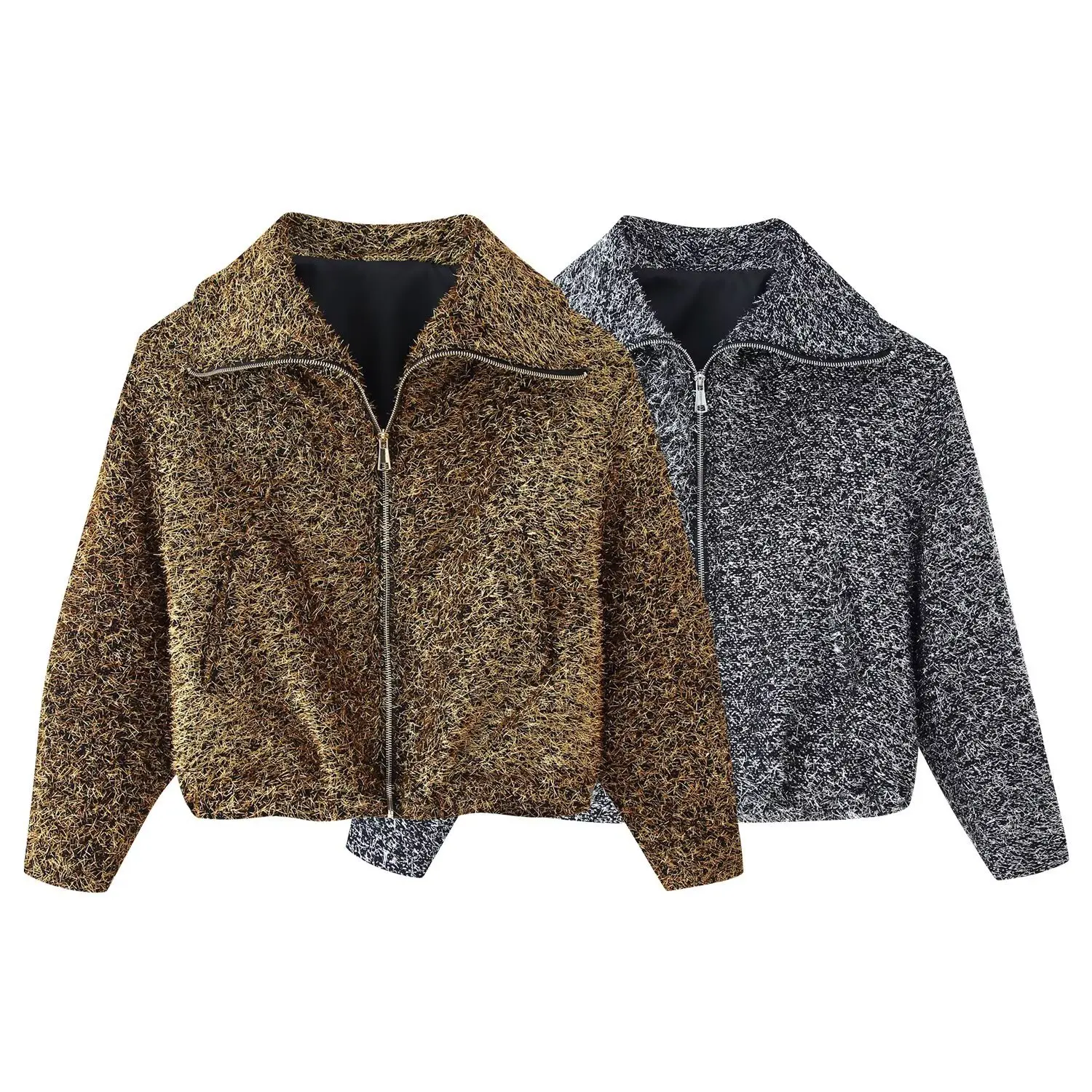 Women's Metallic Thread Long Sleeve Bomber Jacket   9AI4