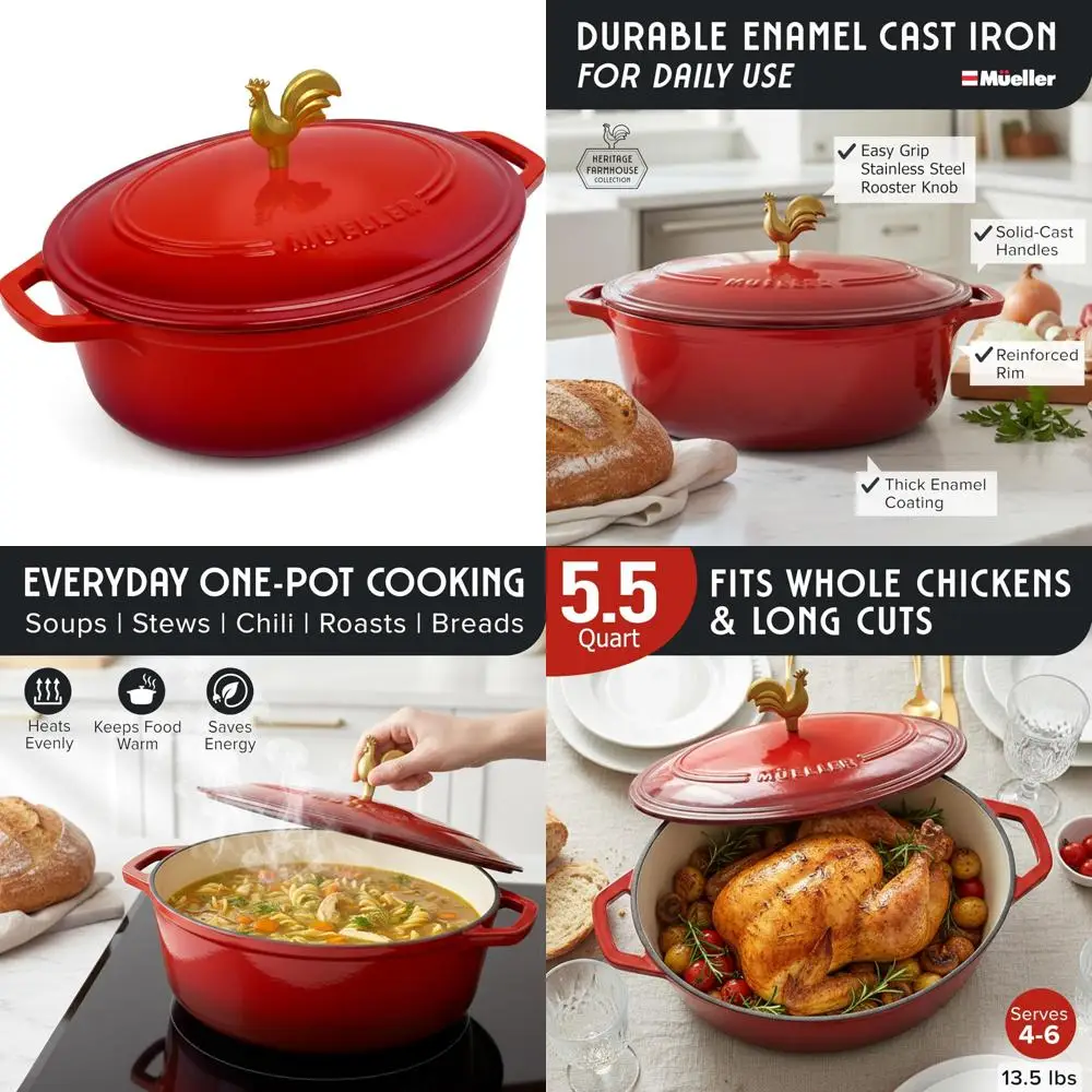 

Овальная голландская духовка из эмалированного чугуна, 5,5 литра, сверхпрочная посуда, ручка петуха, безопасная для духовки до 500 ° F, подходит для всех поваров