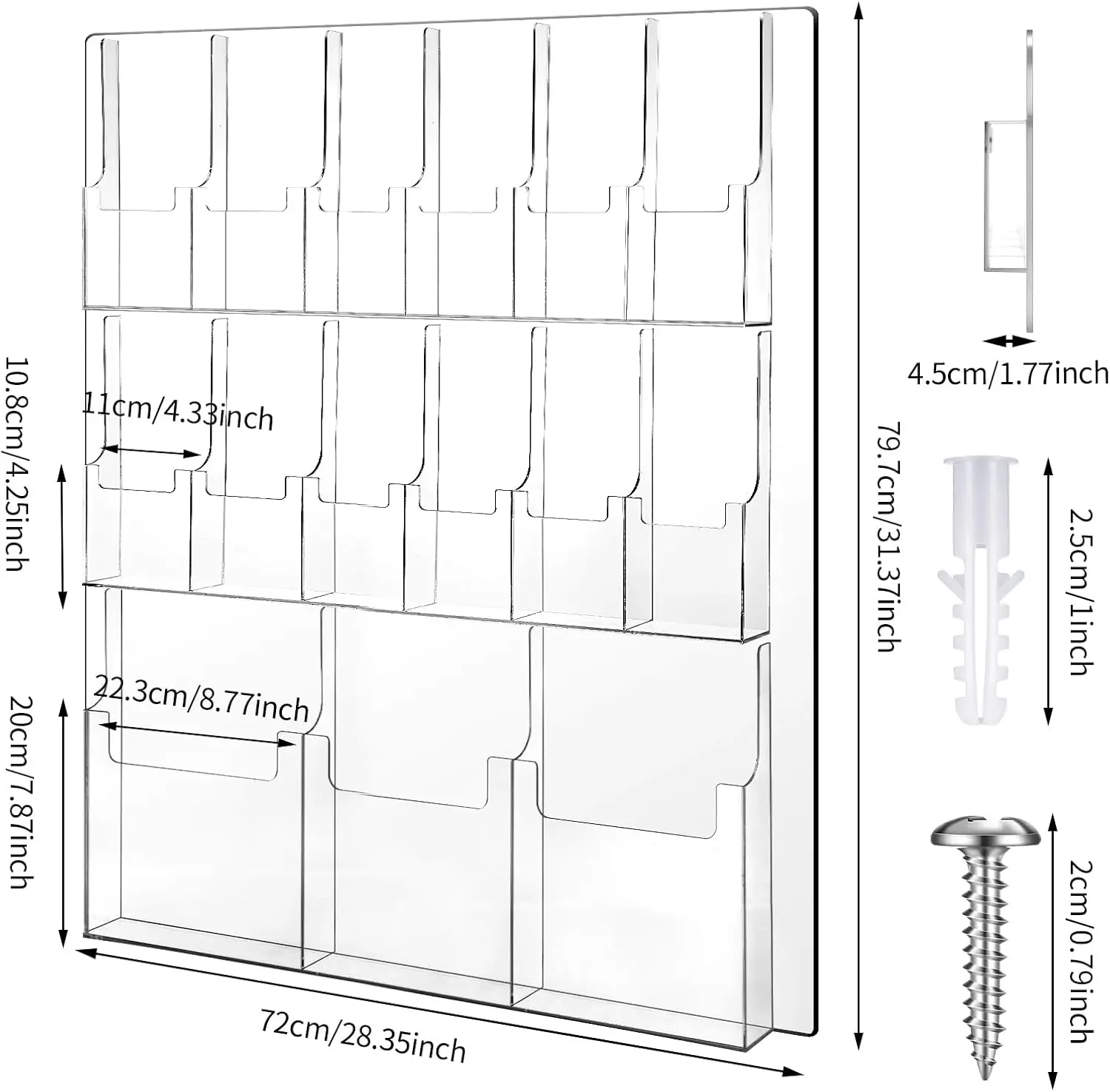 Soporte de pared para folletos de acrílico, soporte de plástico transparente para folletos, expositor de revistas, estante para folletos triple, almacenamiento de literatura colgante