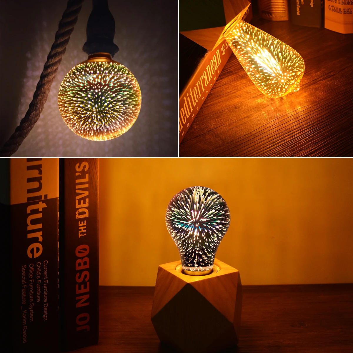 E27 Vintage Star Fireworks Lamp Holiday 3D Table Decoration Lamp Fireworks Effect Colorful Night Light Ampoule LED Lamp Lighting