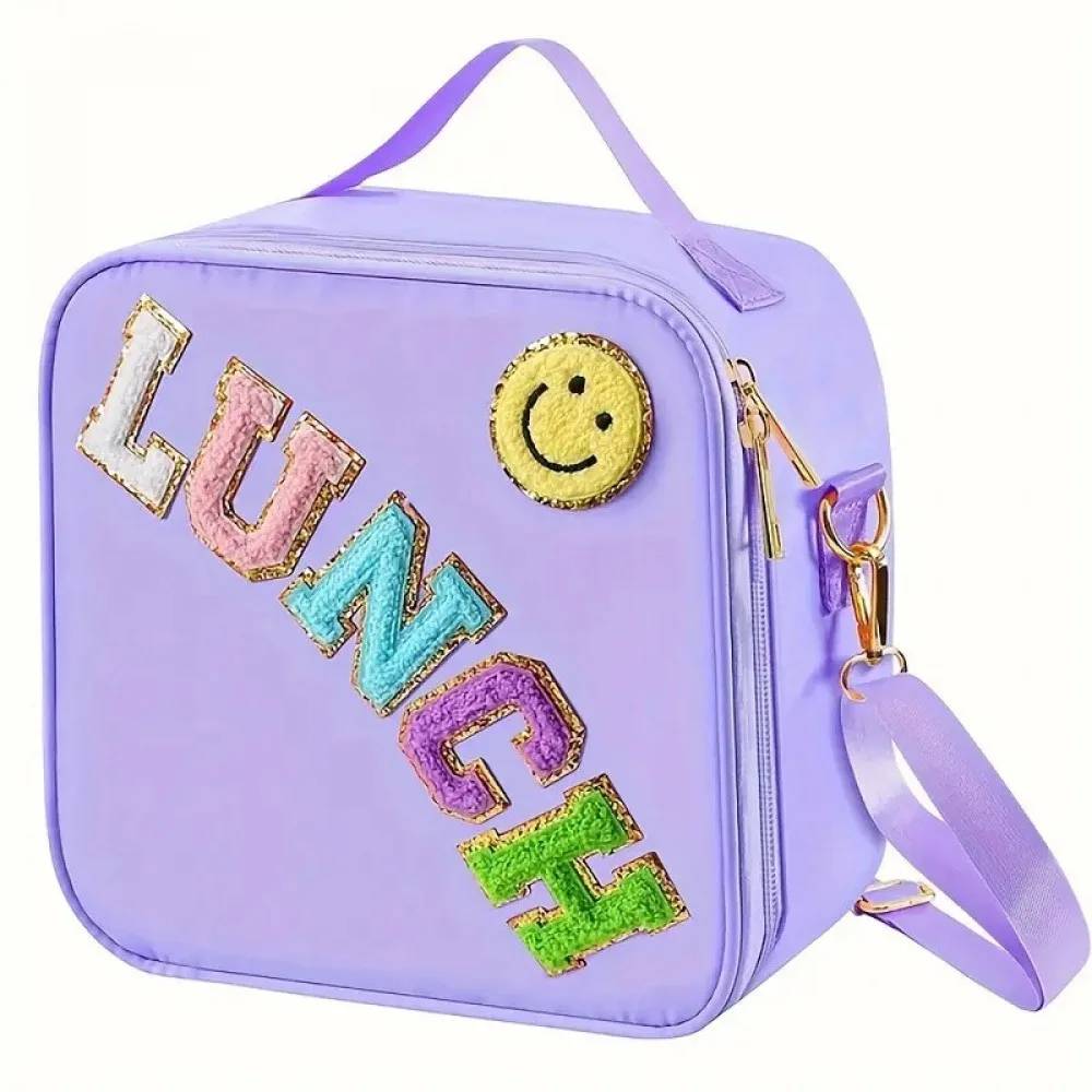 Colorful Embroidered Smiley Face Insulated Lunch Bag Portable Bento Bag for Students and Children Outdoor Picnic Food Storage Ba
