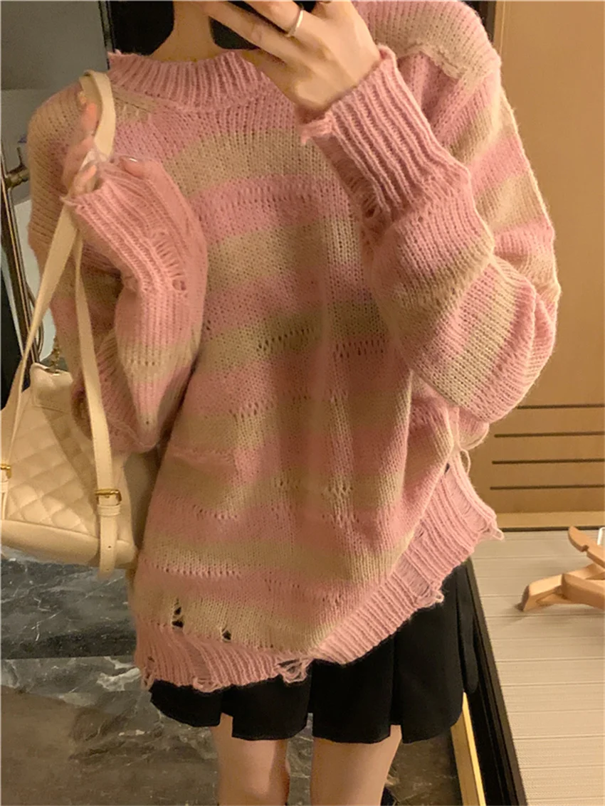 

PLAMTEE Oversize Stripes Sweaters OL Daily Knitted Loose Autumn 2023 Mujer Women Chic Casual Pullovers Slim New Gentle Vintage