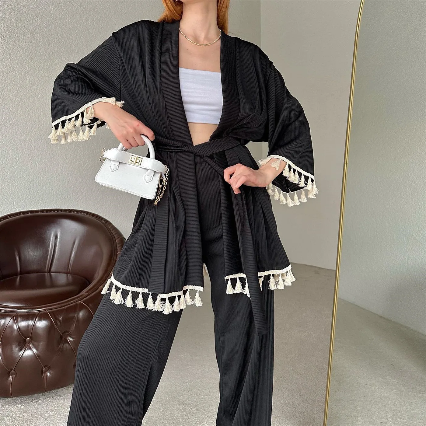 Cardigan Pants Set 2 Pieces Modern Elegant Woman Outifits Tassel Corduroy Three Quarter Sleeve Casual Loungewear Female Clothing