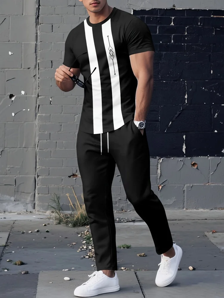 

Summer New Arrival Men's Striped Print Set Crew Neck Short Sleeve Top With Breathable Trousers Streetwear Men's Two-Piece Set