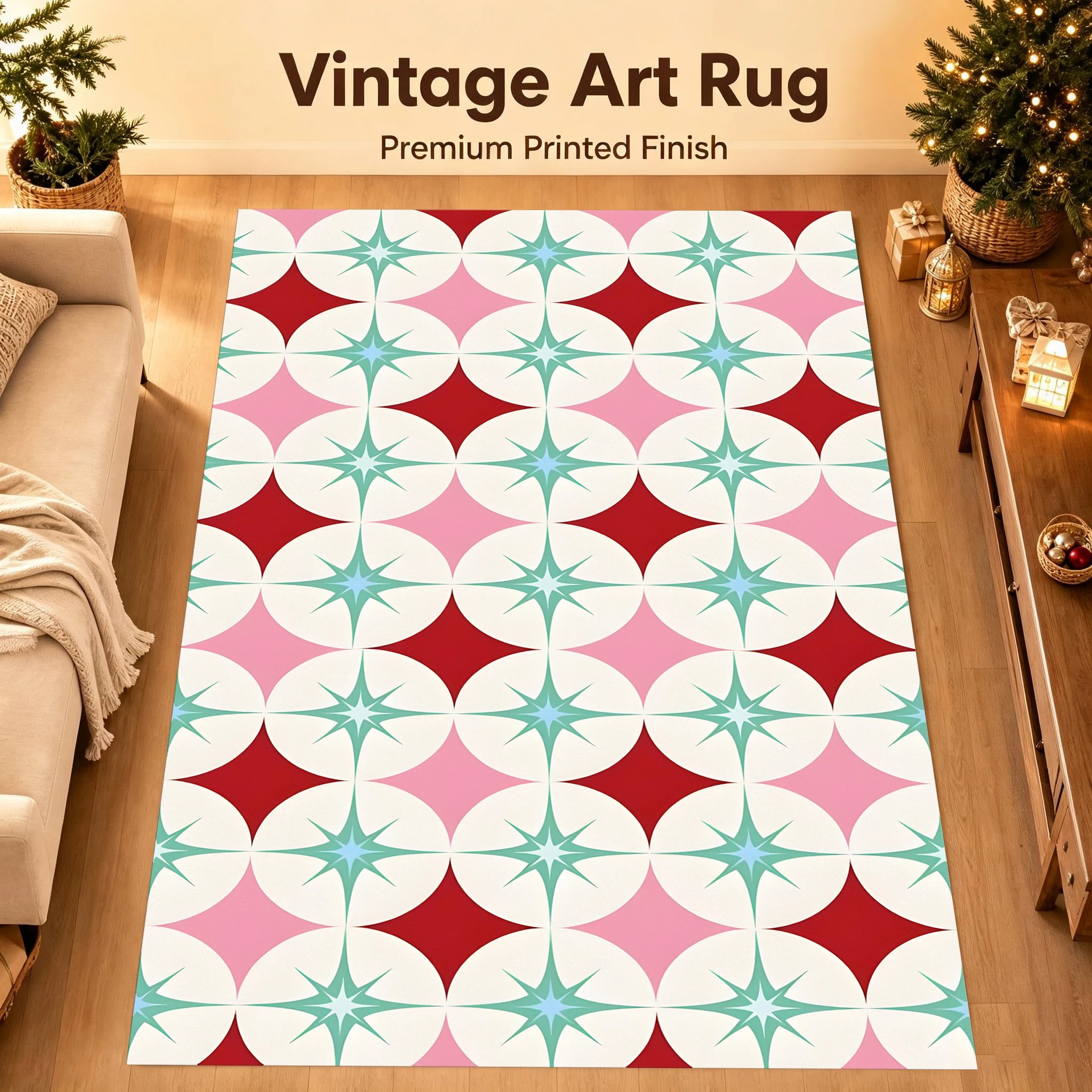 Velvet Rug Mint Green Starburst Red White Checkered Retro Sweet Christmas Print for Living Room Bedroom Entryway Bedside