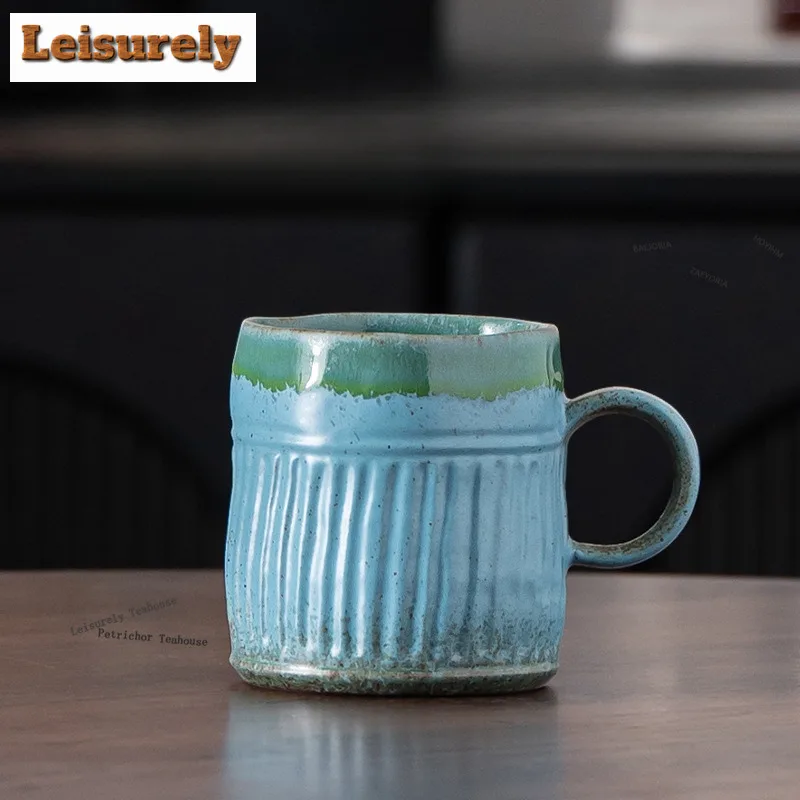 HOYIHM 430ml Kiln Fambe Vertical Grain Coffee Mug Vintage Cappuccino Latte Cup Afternoon Tea Mug Office Water Cup Tea Services