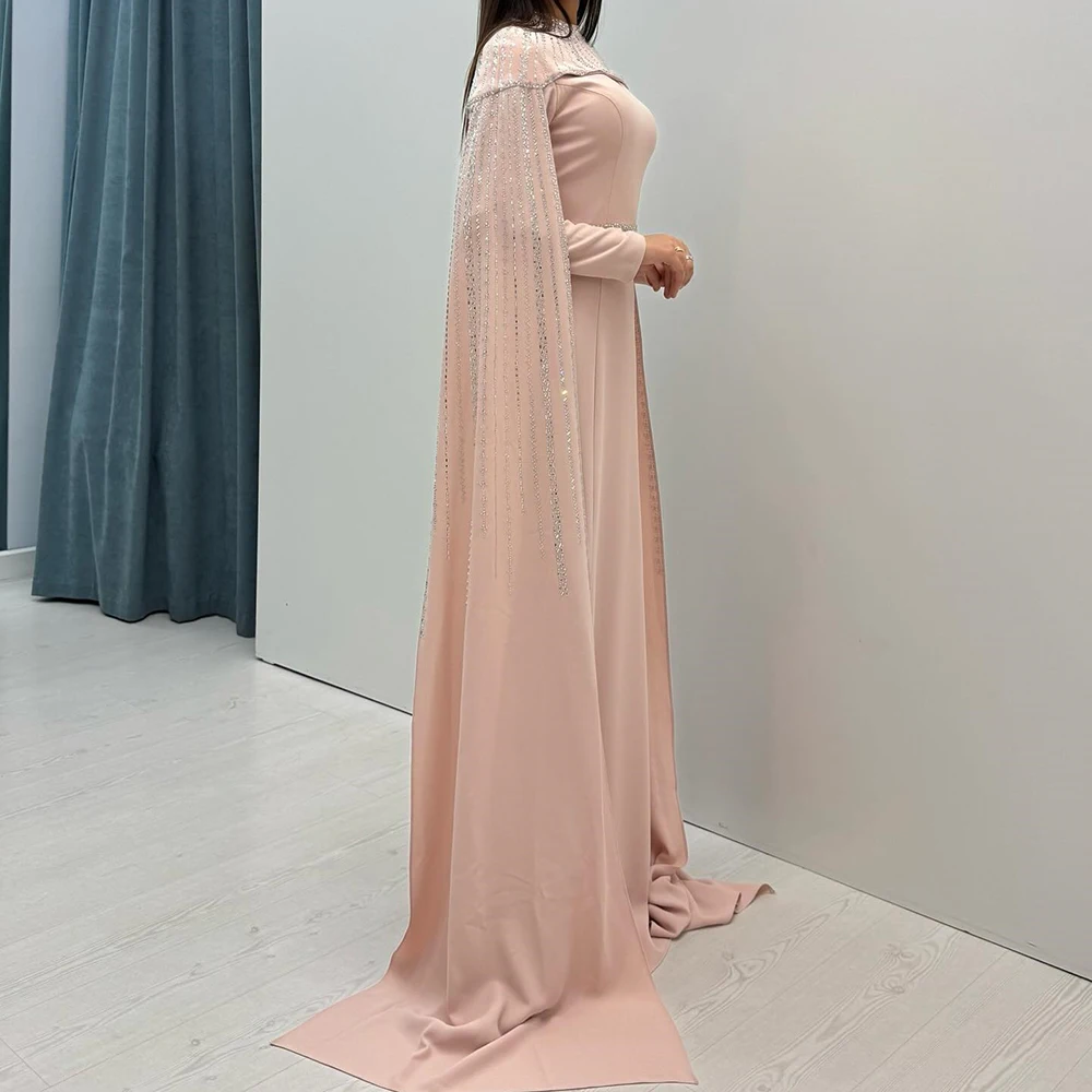 맞춤형 A라인 이브닝 드레스 바닥 길이 하이넥 긴 소매 프롬 가운 패션 스팽글 스톨 심플 드레이프 파티 가운