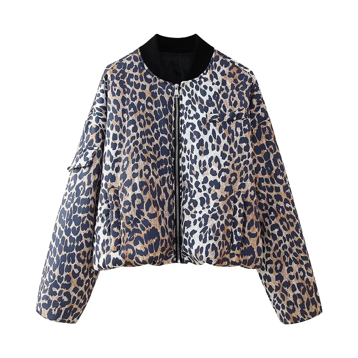 HH TRAF Winter Female Fashion Loose Cotton Jacket Women Long Sleeve Zipper Leopard Pocket Decorate Slim Seamed Cotton Coat Mujer