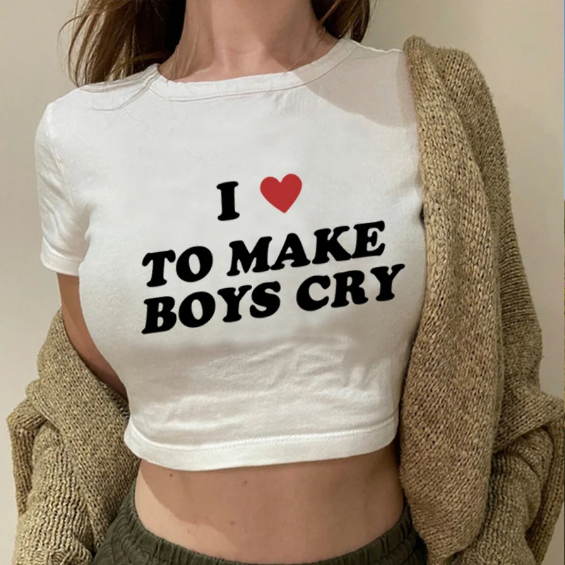 I Love to Make Boys Cry Shirt Crop Top Slim Women Y2k Graphic Crop Tops Fit Baby Tee Funny  Slogan Tee Tops Vintage Y2k Crop Top