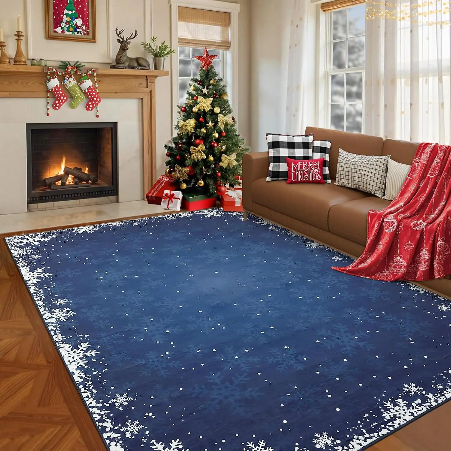 1pc 2D Flat Dark Blue Background Snowflake Border Printed Floor Mat, Decorative Rug for Living Room, Bedroom, Kitchen, Home