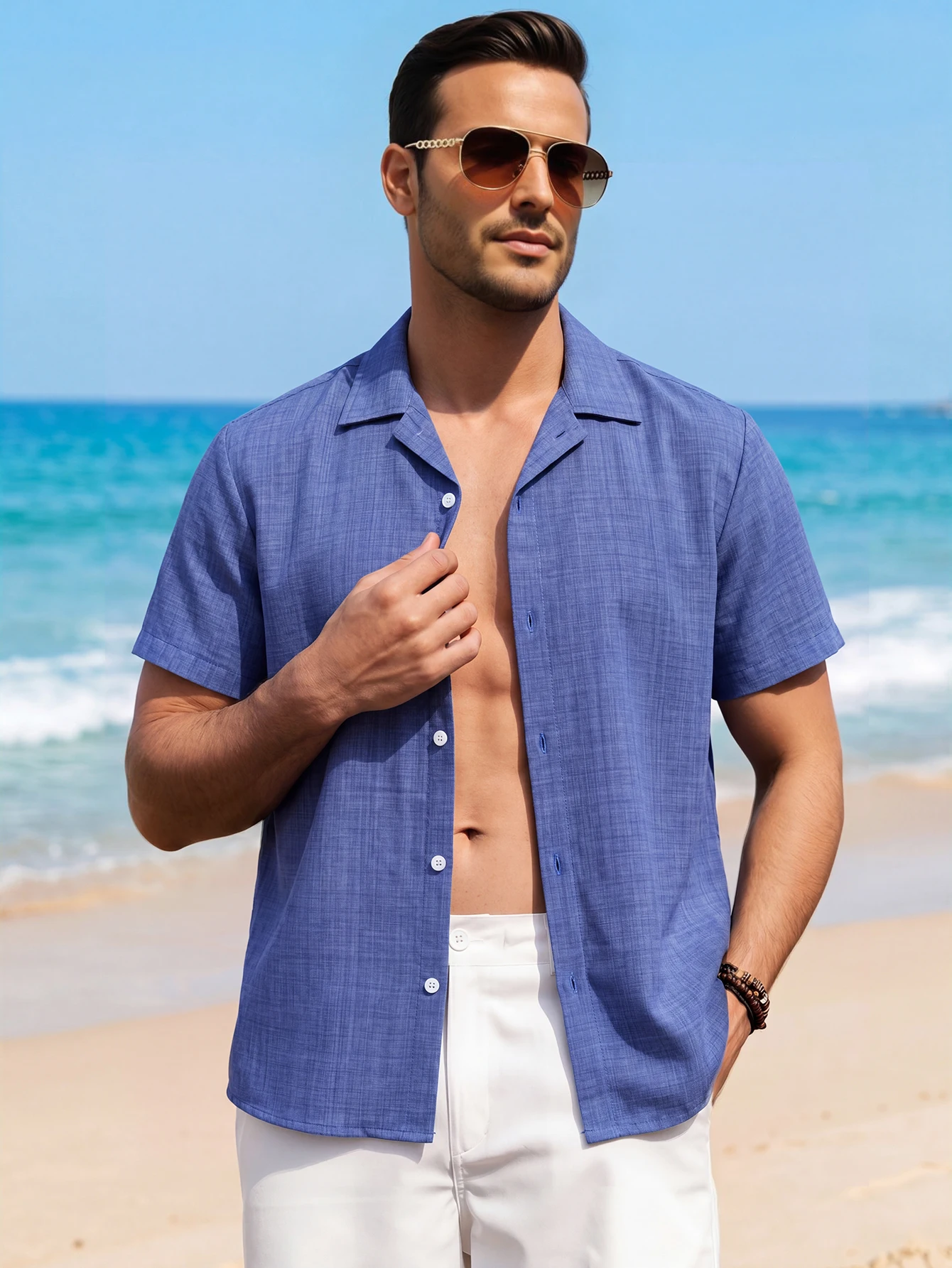 Men's Solid Color Cotton Linen Short Sleeve Shirts Vacation Beach Summer Tops with Casual Lightweight Button Shirts