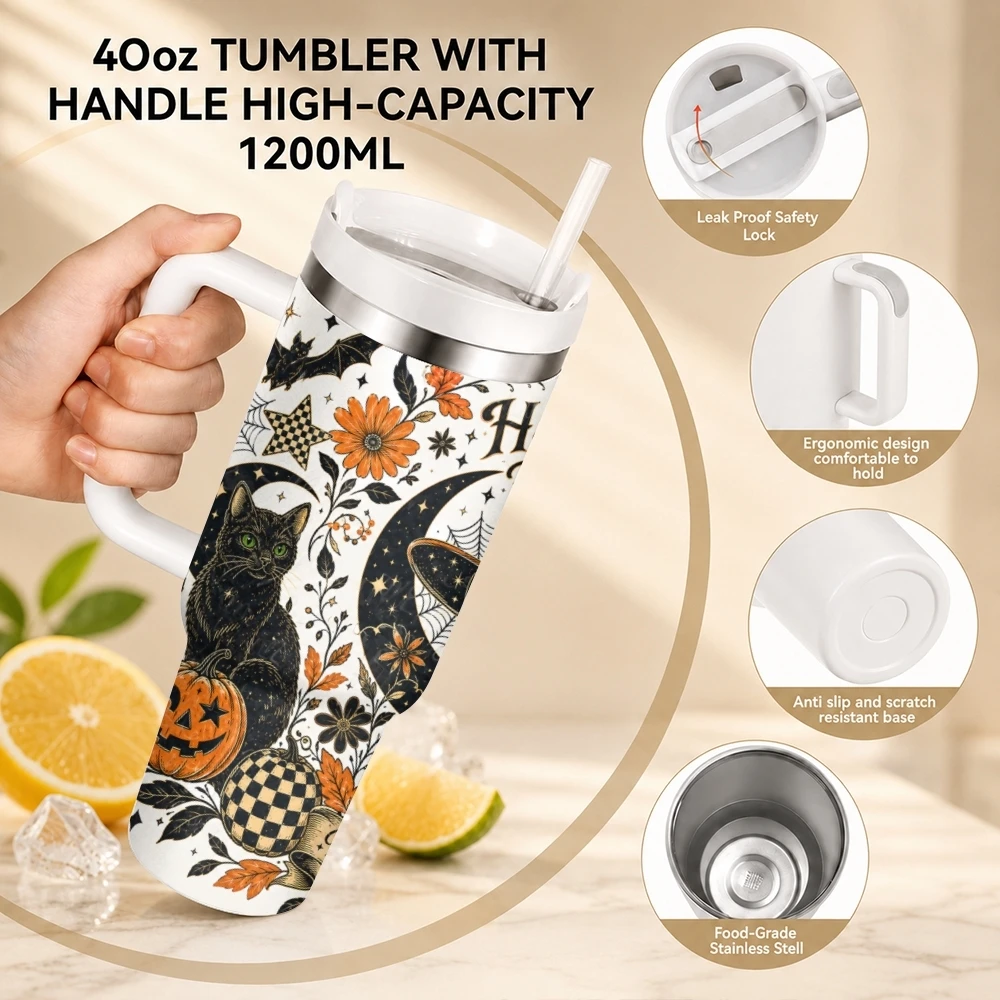 Witch Cat and Pumpkin Vacuum Flasks 40oz Stainless Steel Travel Tumbler with Handle Straw Lid Double Wall Vacuum Insulated
