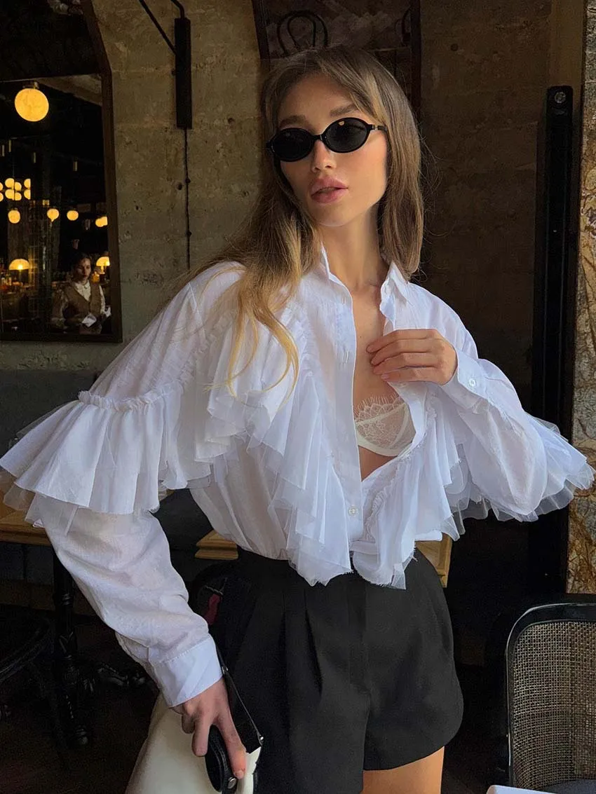 Oymimi Fashion White Cotton Woman Blouses Casual Turn-Down Collar Long Sleeve Blouses Elegant Ruffled Solid Blouse Streetwear