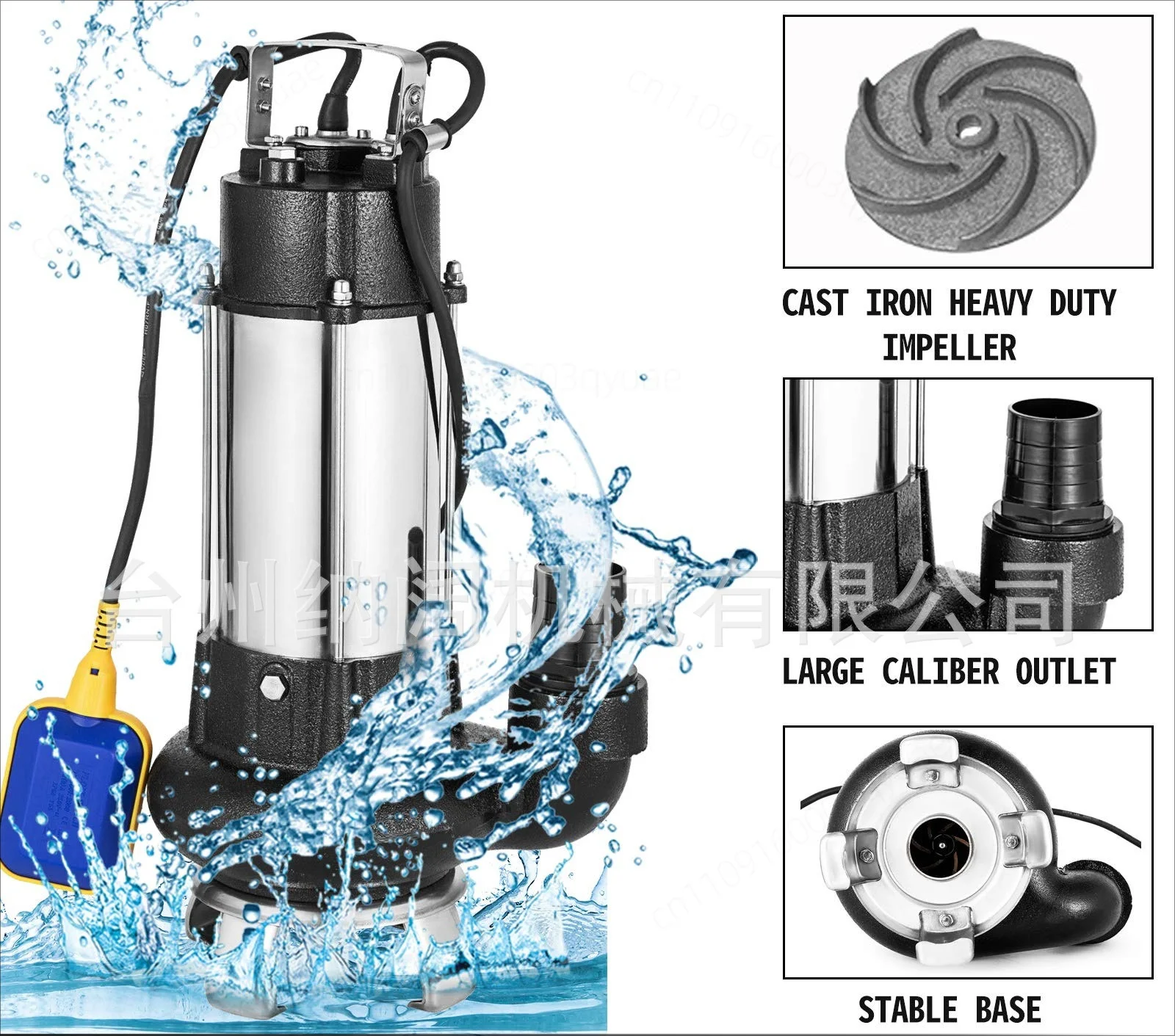 110V Stainless Steel Sewage Submersible Pump Large Flow Dirty Water Pump with Float Switch for Sewage Lifting Irrigation