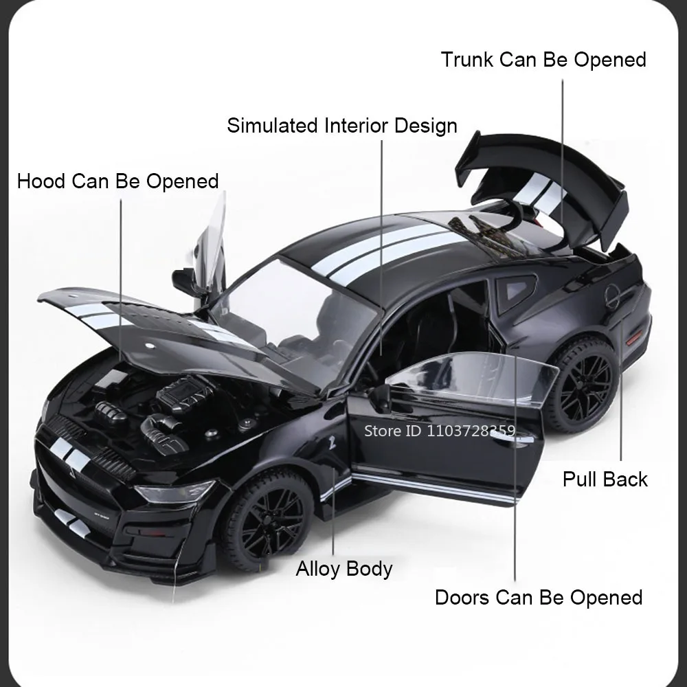 Maßstab 1:18 Mustang GT500 Spielzeug-Supercar-Modelle, Legierung, Druckguss, GTR-Sportwagen, Tonlicht, Türen geöffnet, zurückziehen, für Kindergeschenke
