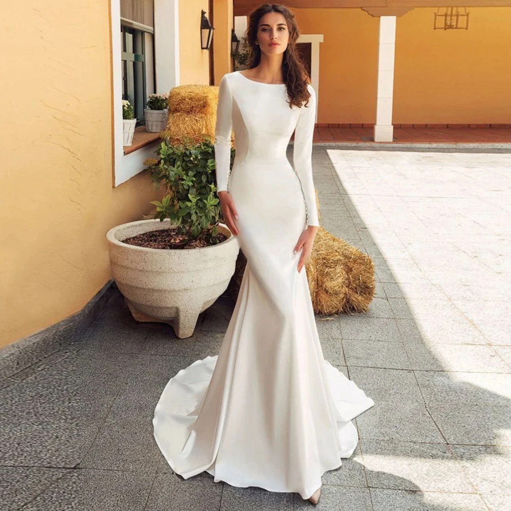 

Luxury Wedding Dresses White Satin Appliques Vestidos De Novia O-Neck Zipper Mermaid Bridal Gowns Robe De Mariée Custom W10266