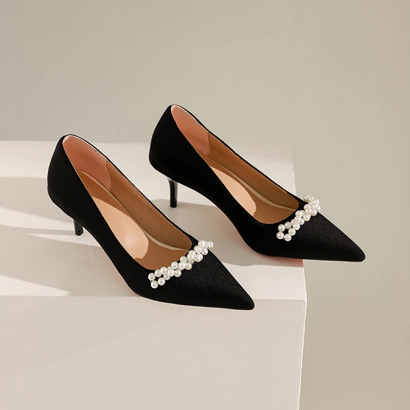 Mid-Low Heel Women's Satin Shoes with Pearl Embellishments in Black, Red, Green, and Pink, High-End Designer Shoes for Women, Niche Elegant Style, Suitable for Parties and Everyday Wear, Versatile Satin Luxury Shoes, Available in Extra Large Sizes 47, 48, and Small Sizes 31, 32, Direct from the Manufacturer, Customizable