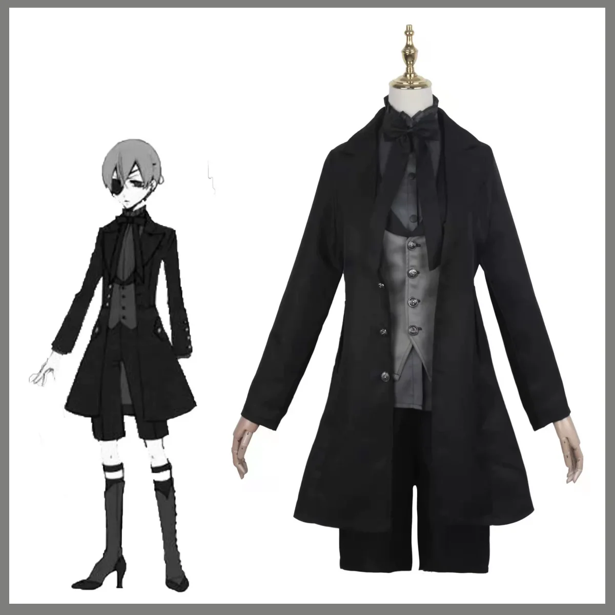 Anime Ciel Phantomhive Smile Cosplay Costume Wig Black Tuxedo Coat Shirt Uniform Full Set Man Woman Carnival Suit - view 2
