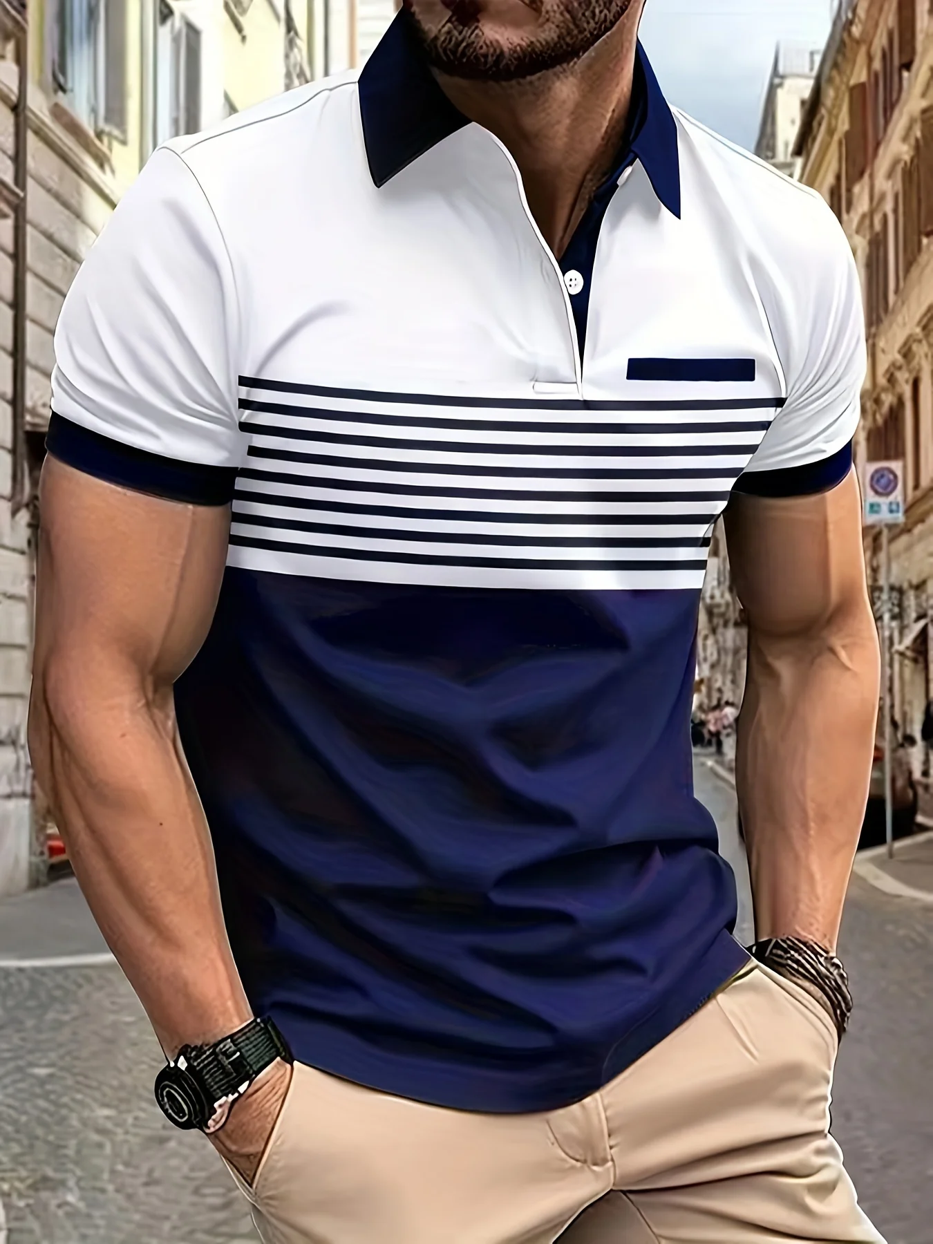 Men\'s Contrast Color Stripe Pattern Polo Fashion Short Sleeve Button Polo Shirt Casual Trendy Tops For Summer Golf Daily Wear