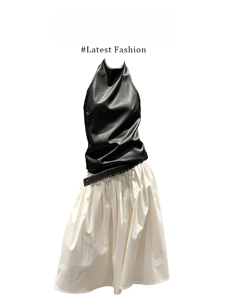 

Parkyeon American Style Leather Vest Top Women's Fashion Slimming Half Skirt Set Casual Wear Summer Outfit Polyester Fiber