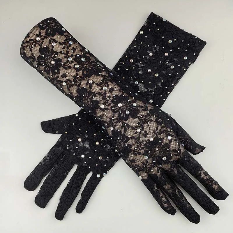 Halloween Retro Makeup Party Accessories Women 45CM Long Thin Elastic Mesh Flower Shiny Rhinestone Sexy Black Hollow Lace Gloves