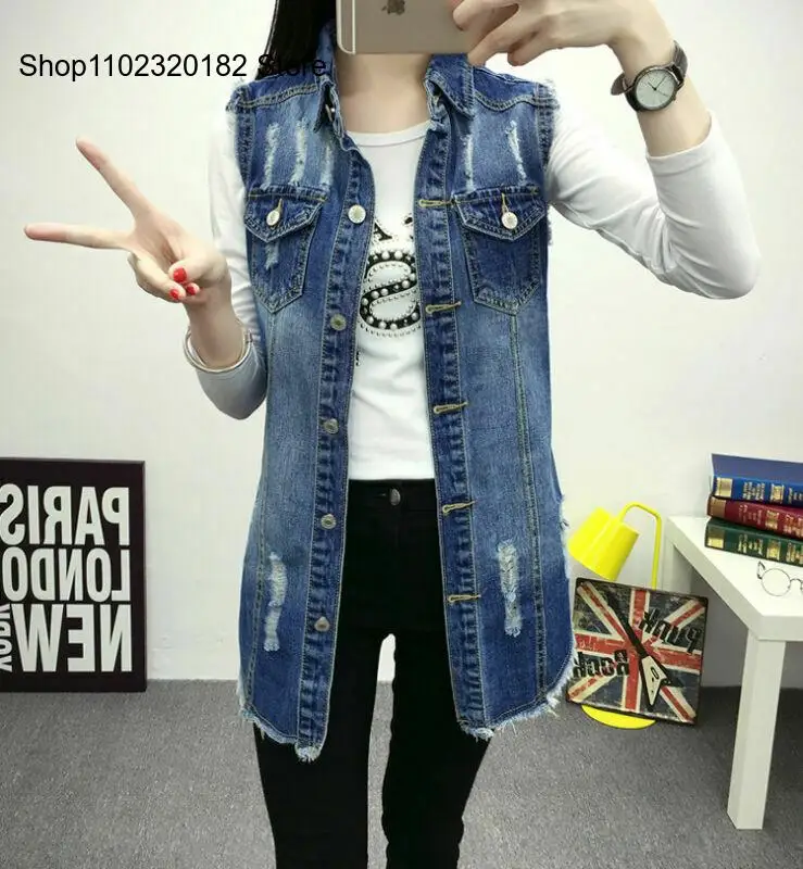 Spring Summer Denim Casual Blue Hole Sleeveless Jacket Vest Women