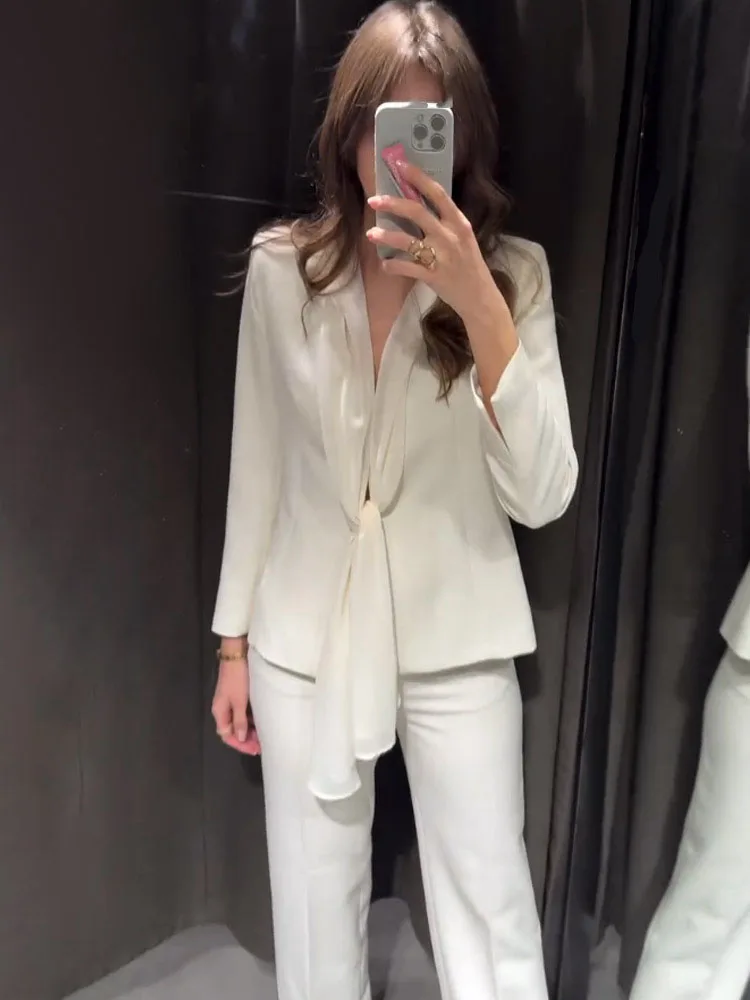 HH Spring Women Solid Suit Thin Scarf Turn-Down Collar Blazer Long Sleeve Top+Zipper Midi Waist Straight Leg Pants Set