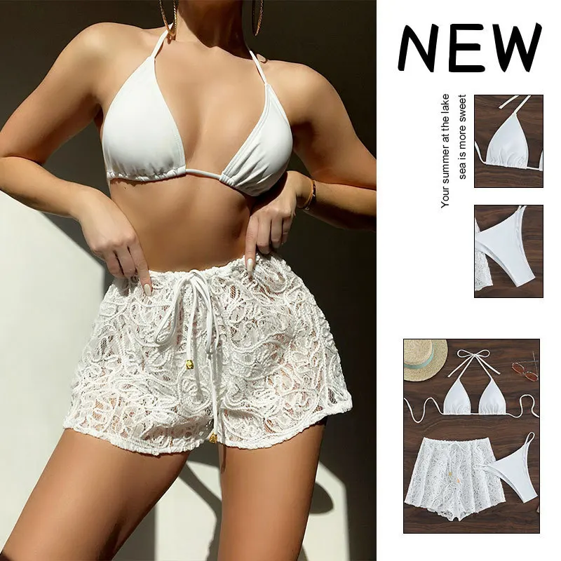 

Sexy Women Three Piece Bikini Set Tie Mesh Cover Up Split Swimsuit Elegant Beachwear Summer Vacation Swimwear Outfit