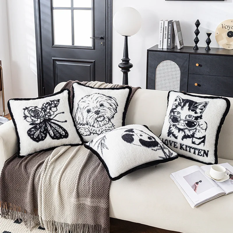 Nordic Plush Cushion Cover 45x45cm Black White Faux Fur Animal Jacquard Soft Fluffy Pillow Case for Sofa Bed Luxury Home Decor,