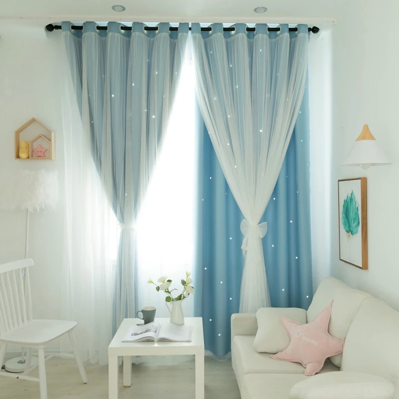 2pcs Modern Minimalist Double-Layer Openwork Star Blackout Curtains Ready-Made Fabric & Sheer Combination Blackout Curtains F