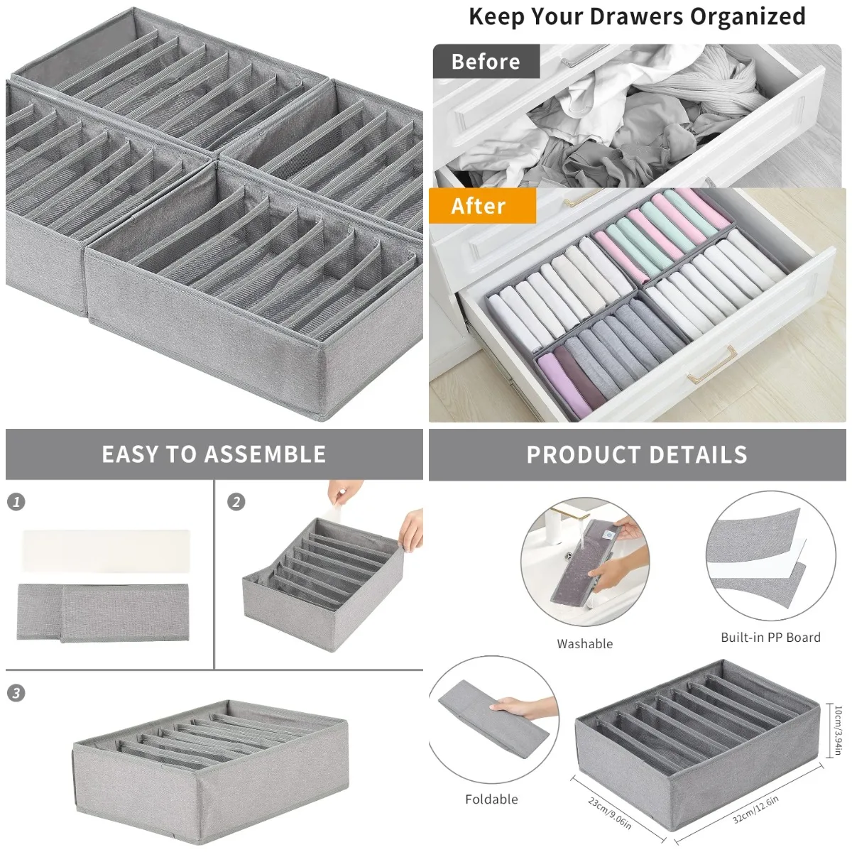 

4 Pack Foldable Drawer Organizers for Clothing, 8-Grid Storage Bins for T-Shirts, Tanks, Leggings – Bedroom & Dresser Organizer