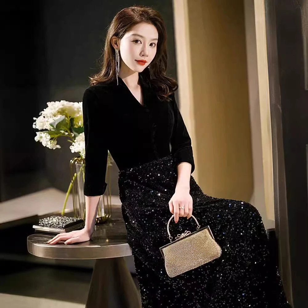 فستان سهرة أسود أنيق للنساء لخريف وشتاء على شكل حرف v نصف ياقة مرقعة مخملية ترتر على شكل حرف a فستان حفلات للحفلات