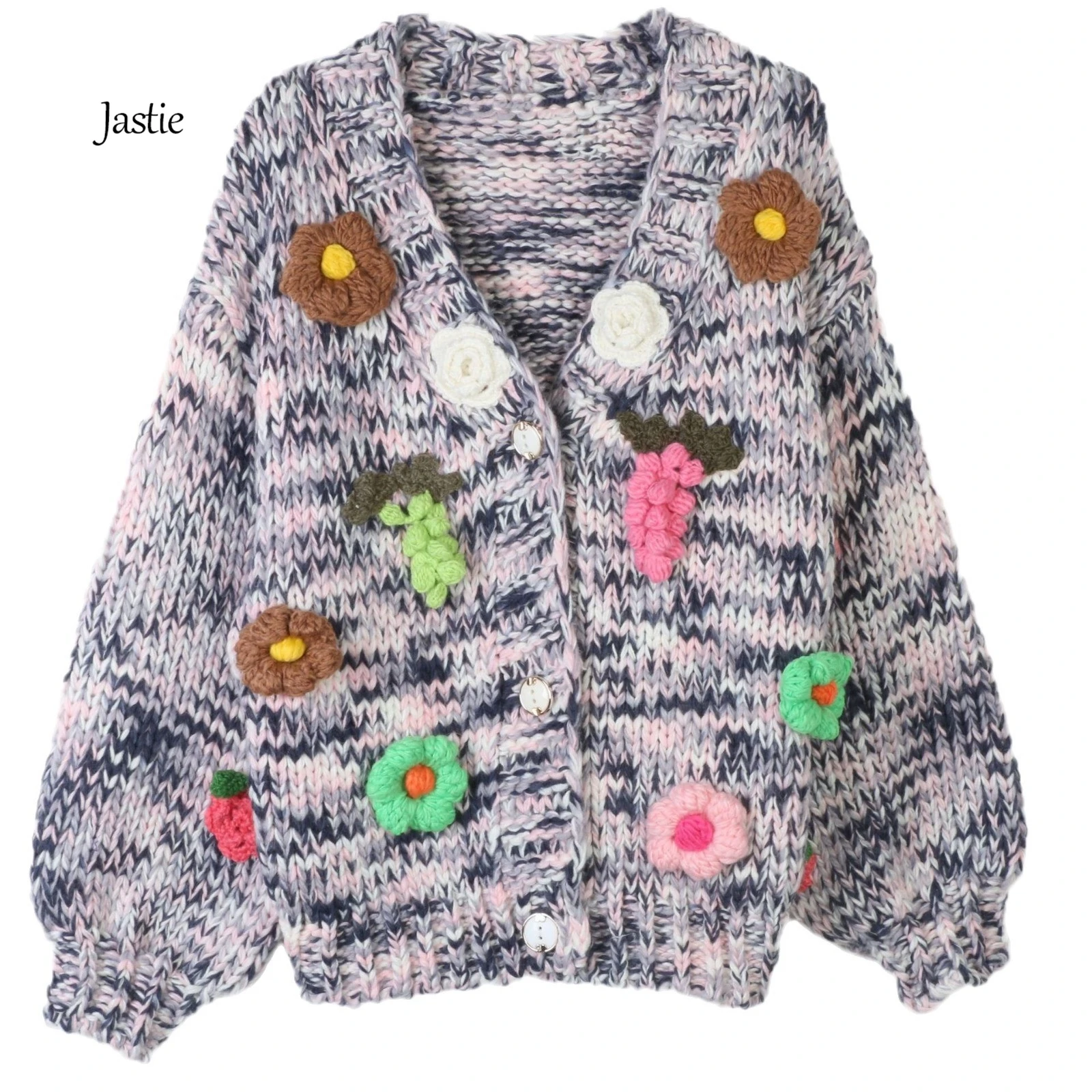 Jastie Sweet Flower V-neck Sweater Cardigan Women Top Contrast Color Handmade Three-dimensional Flower Loose Long Sleeve Sweater