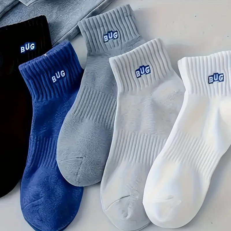 5-Pair Men's "BUG" Logo Breathable Invisible Socks-Elastic Ribbed Pocket Boat Design for Spring/Summer Wear in Multi-Color Pack