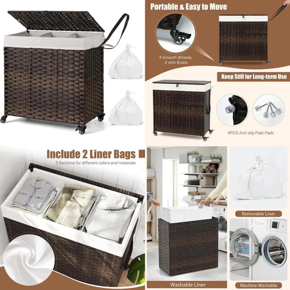 

Large 125L Woven Rattan Laundry Hamper with Wheels, 3-Section Storage, Removable Liners, and Lid for Efficient Laundry Organizat