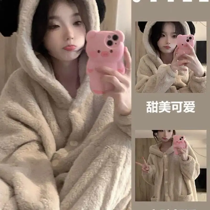 

Зимний халат Kawaii с героями мультфильмов, женский пижамный комплект, фланелевая ночная рубашка, коралловый флис, теплая домашняя одежда, милый милый костюм для сна