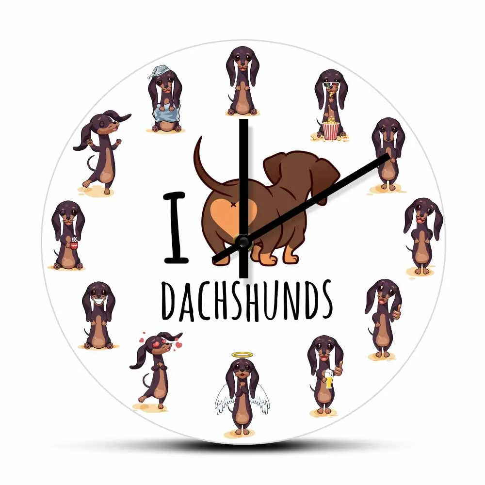 I Love Dachshunds Cartoon Design Wall Clock For Nursery Kids Room Sausage Dog Puppy Pet Wall Art Wiener-Dog Silent Sweep Watch