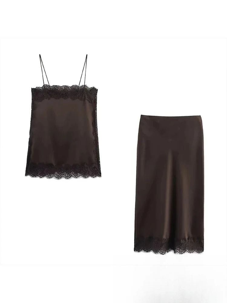 

KONDALA Винтажный повседневный женский коричневый однотонный кружевной костюм на бретельках, кружевной короткий топ, свободная длинная прямая юбка, новый модный праздничный комплект 2025 года