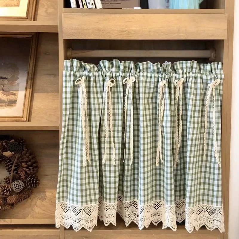 

Valance Tier Curtain Lace Buffalo Check Plaid Gingham Patchwork Short Vintage Window Curtain for Country Kitchen Cafe Rod Pocket