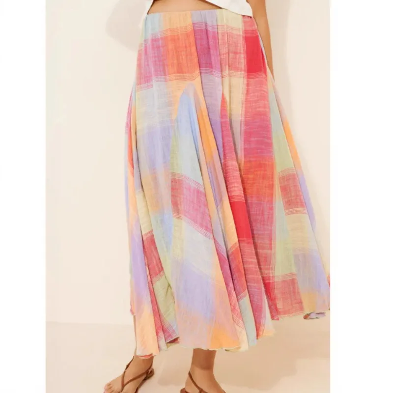 Elegant Women Colorful Plaid Pleated Skirt Y2K INS Mori Girl High Waist Loose Summer Vacation Holiday Long Skirt Streetwear
