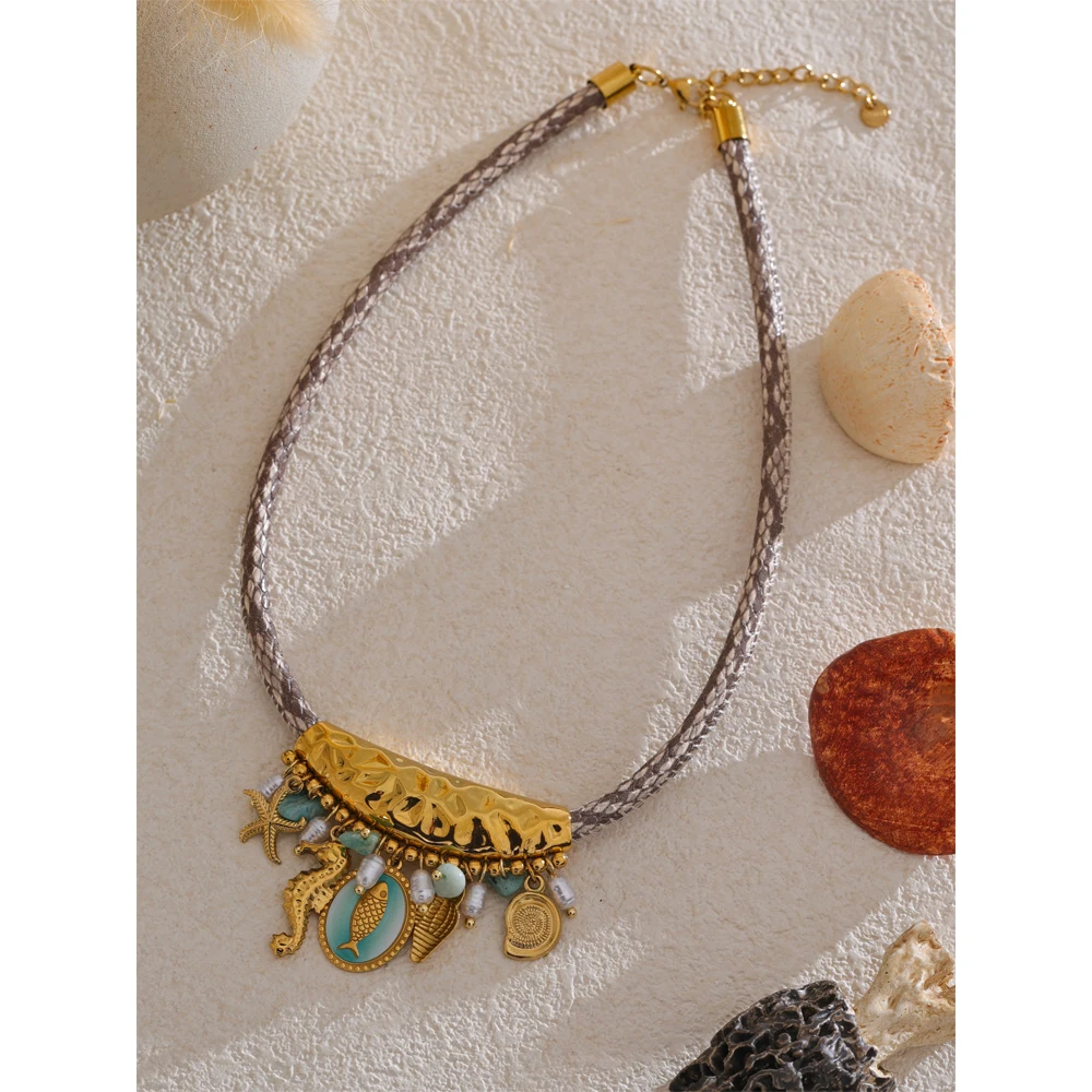 Yhpup Exclusive Design Handmade Jewelry Ocean Style Pearls Starfish Shell Fish Drop Necklace Exquisite Stainless Steel Jewelry