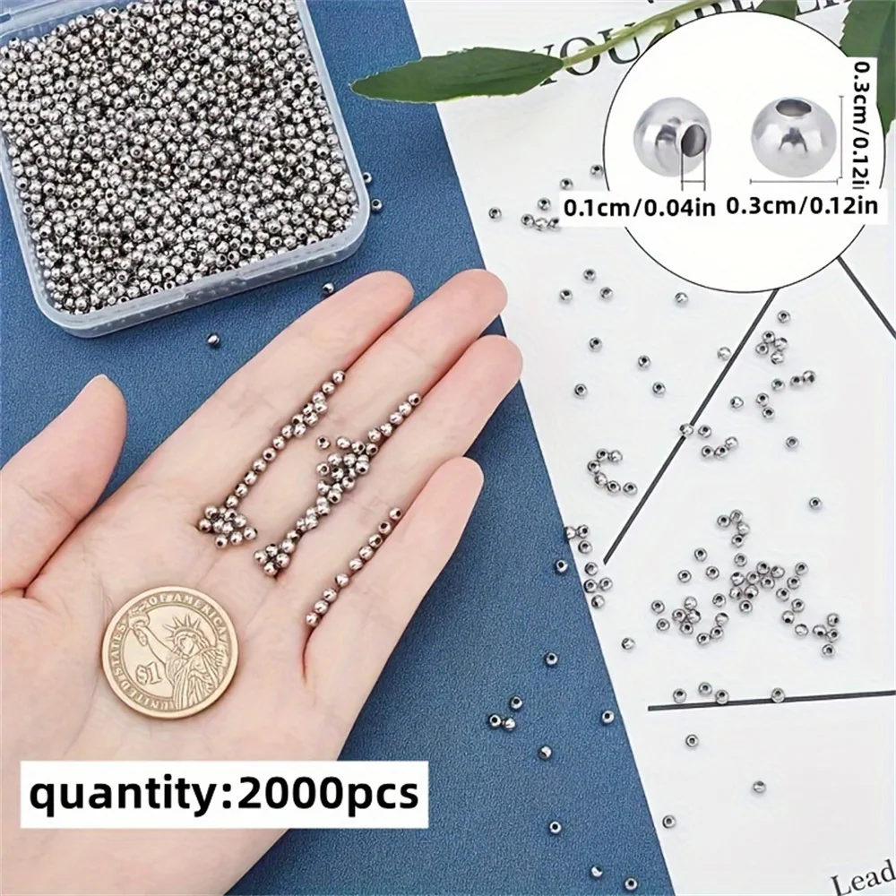 2000pcs/box Hollow Round Beads for Jewelry Craft Making Stainless Steel Color 3x3mm Hole: 1mm