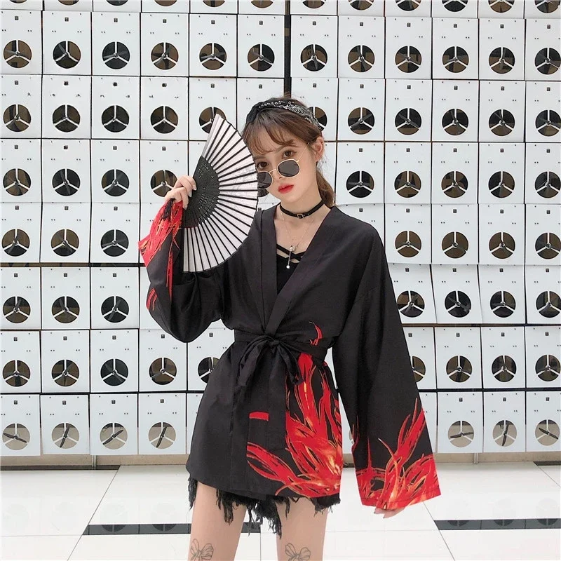 

New women's Japanese kimono cardigan dragon print long sleeved shirt casual kimono Asian clothing