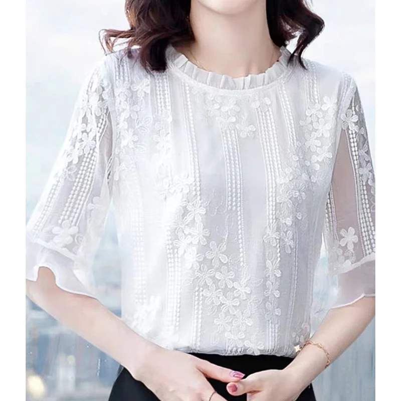 Elegant Fashion Solid Hollow Out Lace Floral Chiffon Shirt Summer New 2022 O-Neck Half Flare Sleeve Loose Blouse Female Clothing