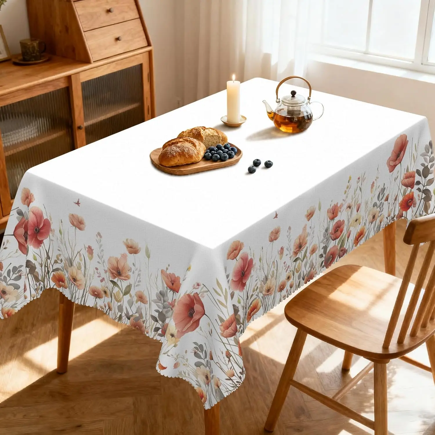 Red Poppy Flowers Rectangle Tablecloth for Table Decor Spring Watercolor Floral Leaves Kitchen Dining Table Cloth Party Decor