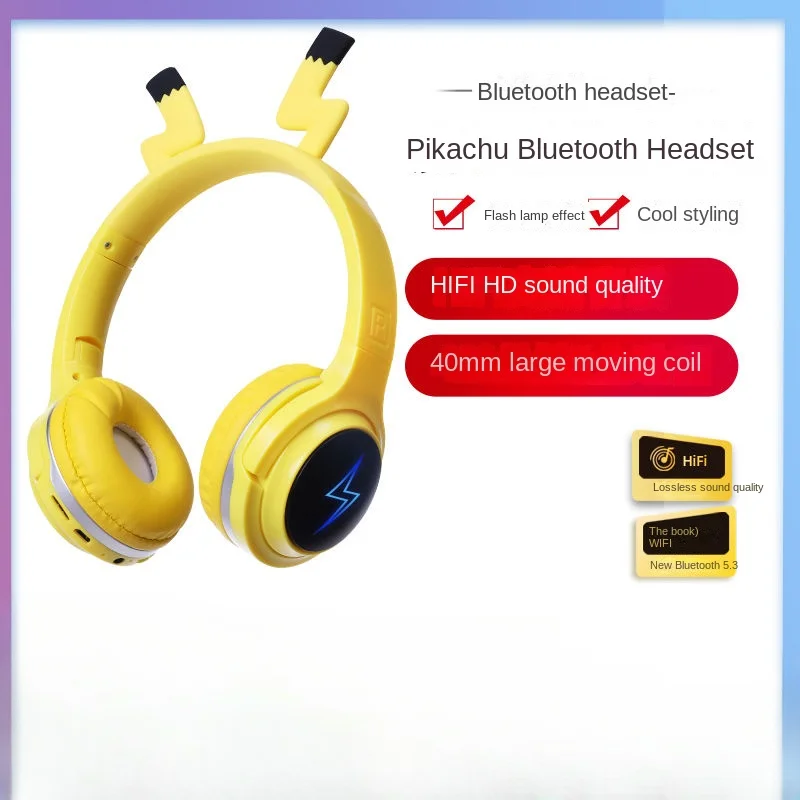 Pikachu Wireless Bluetooth Headphones Cartoon With Microphone E-Sports Sports High Quality Long Battery Life Kawaii Headphones