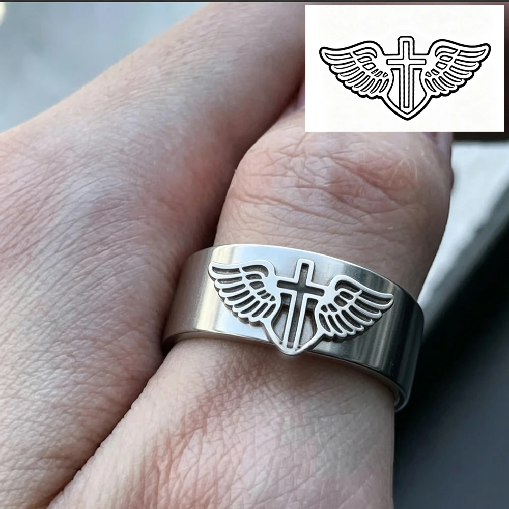 Custom 8MM Pattern Gothic Stainless Steel Ring Angel Wing Cross Personalized Logo Hip Hop Chunky Ring Dating Rock Gift Wholesale