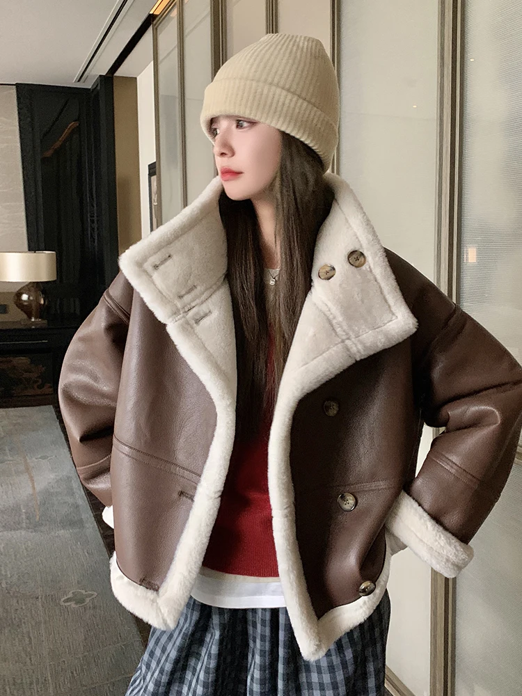 Casual Lamb Wool Quilted Jackets Women Korean Fashion Thick 2023 Autumn Winter Faux Fur Long Sleeve Warm Female Lapel Coat