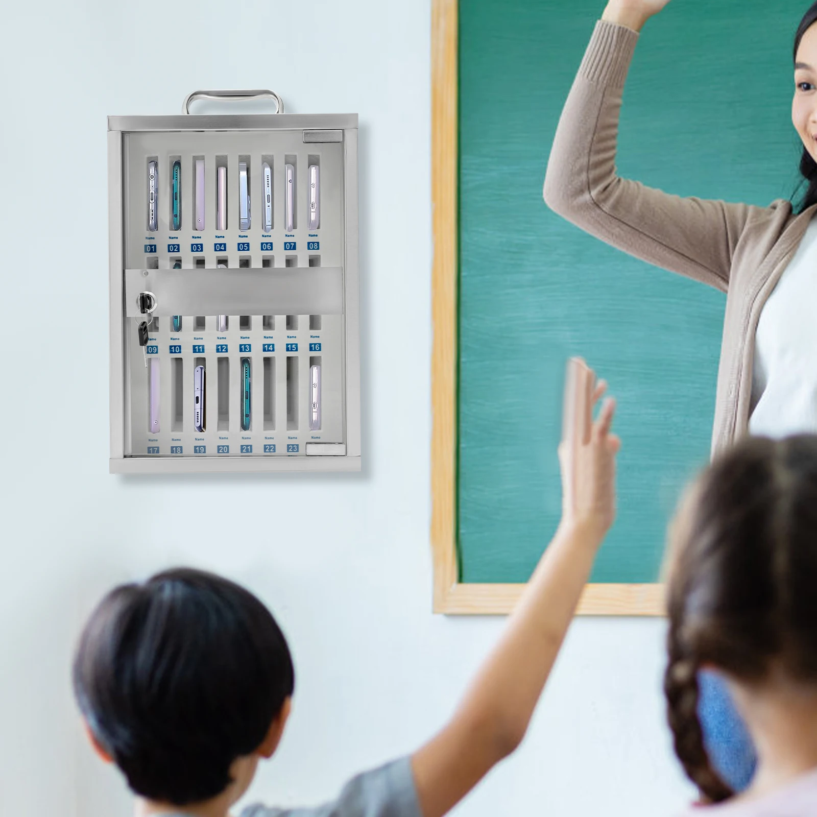 Cell Phone Storage with 24 Slots, Stainless Steel, EVA Cotton Protection, Wall-Mounted for Easy Access in Offices and Classrooms