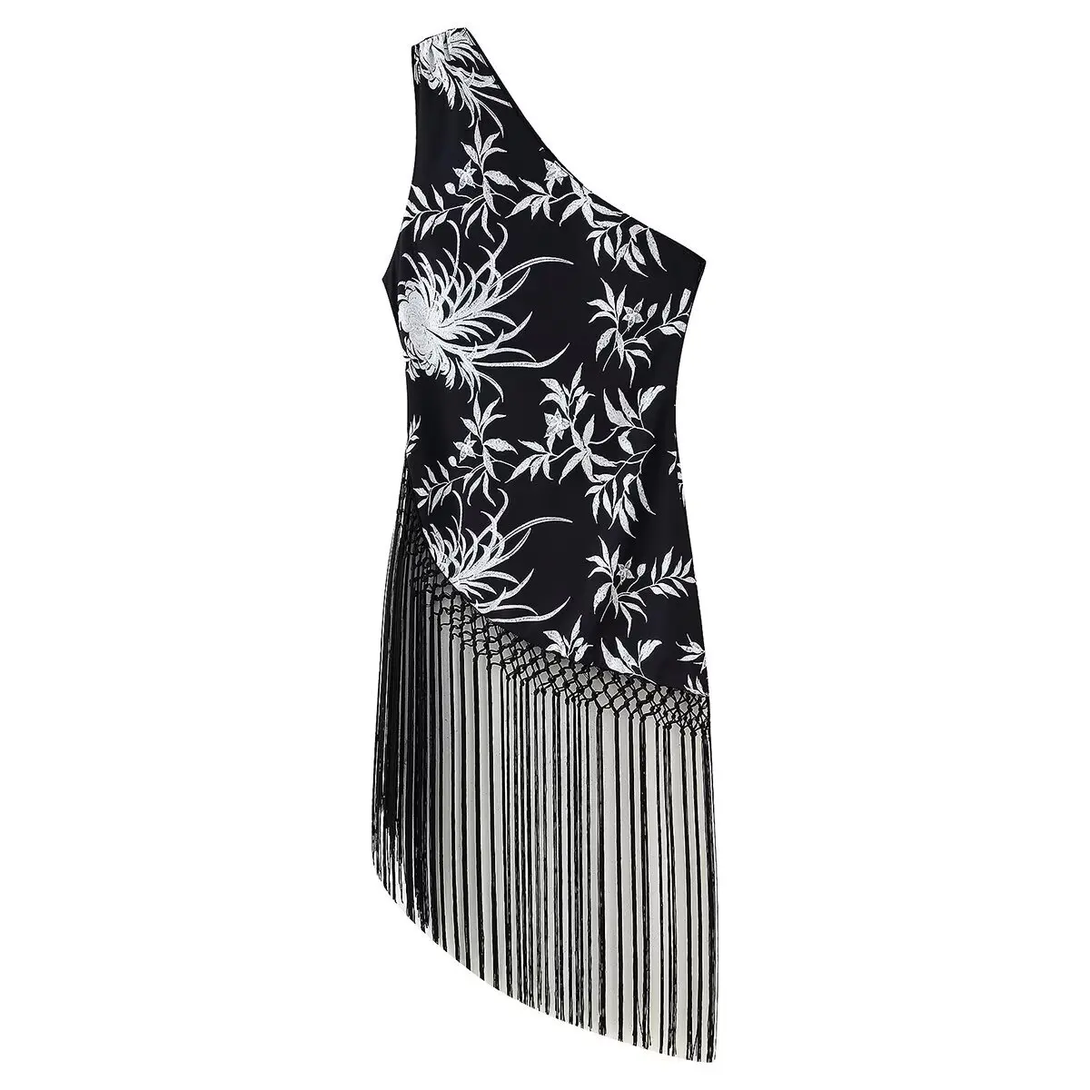 

Elegant and Stylish Printed Fringed Dress with One Shoulder Sleeveless Floral Asymmetric Party Dress 2025 Summer New Ladies Mini